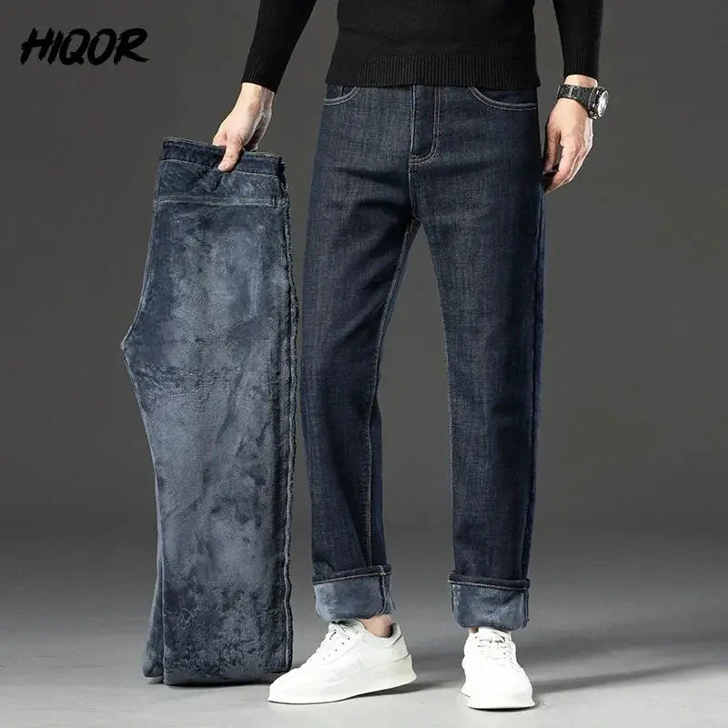 Winter Fleece Thick Jeans Men Business Casual Pants