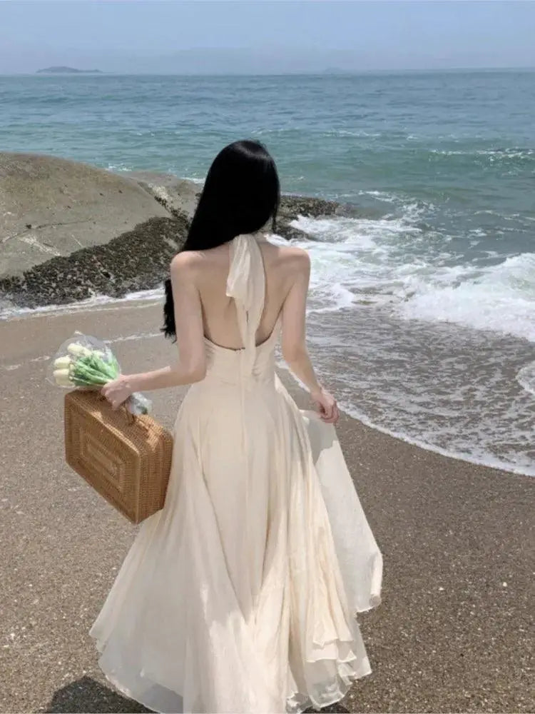Elegant White Maxi Dress Halter Gown For Beach Wedding