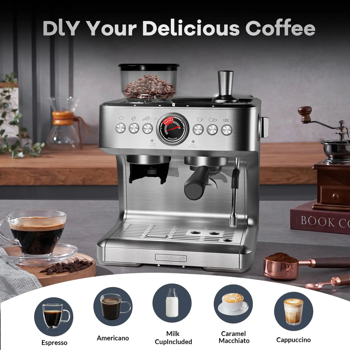 Professional Espresso Machine with Built-in Grinder, Grind — product view 2