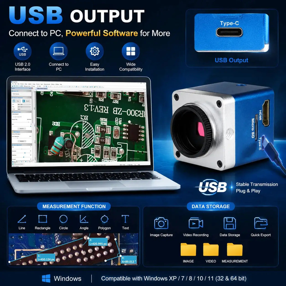 4K 60MP Industrial Microscope With Enhanced Stand, 150X Digital Video Microscope With USB-C HDMI Port For PCB Soldering Repair