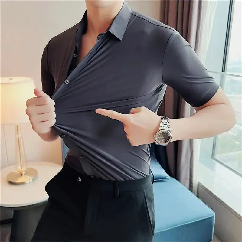 Men Solid High Elasticity Short Sleeve Shirt For Men
