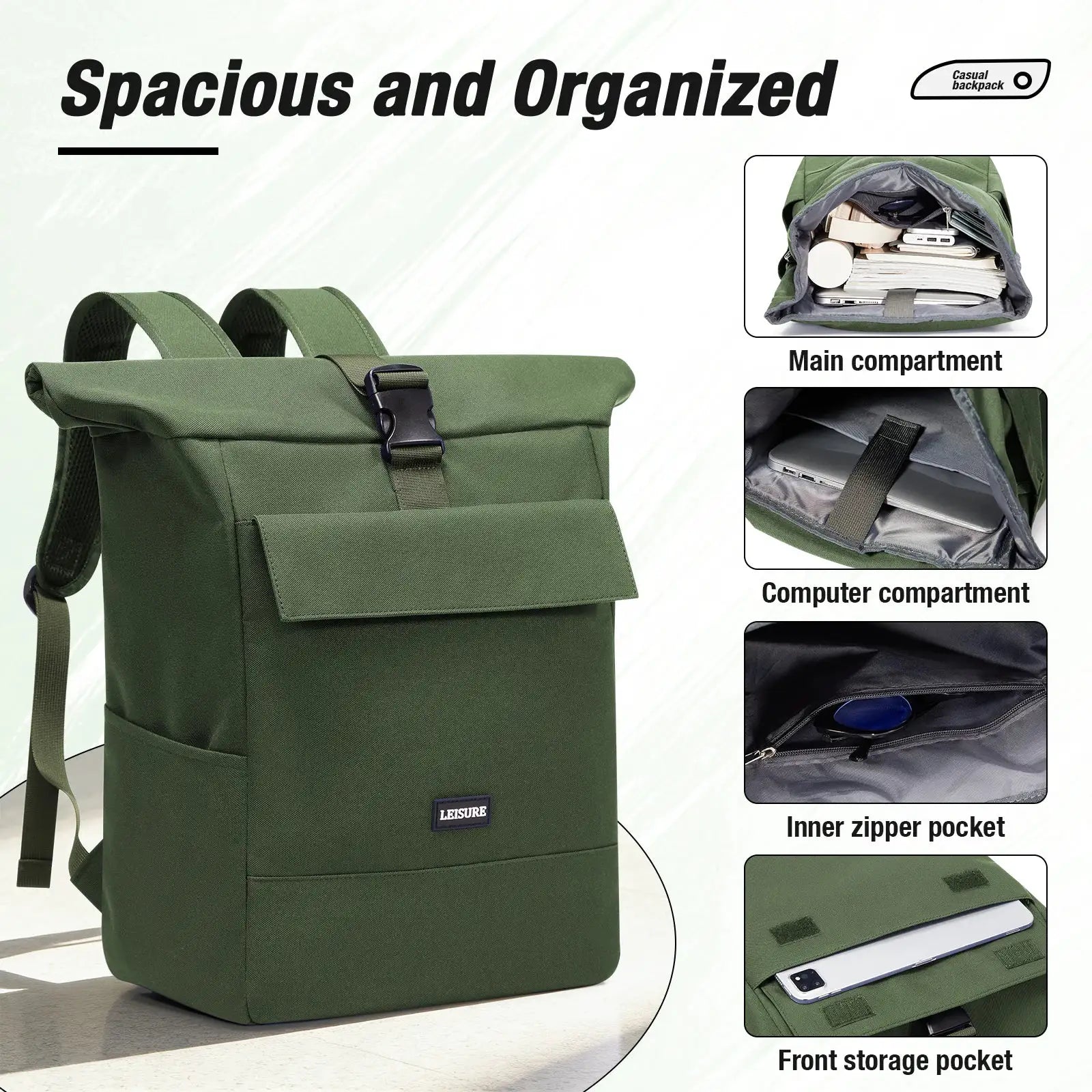 Rolltop Backpack,Travel Backpack 40x30x20, Students Lightweight College Schoolbag, Men's Sports Bag Travel Outdoor Leisure Bag