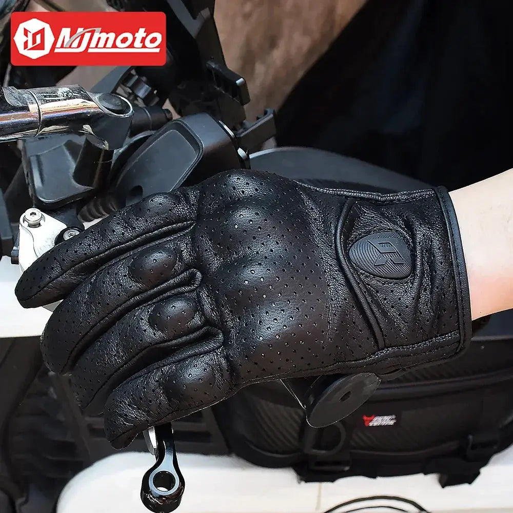 Vintage Black Leather Motorcycle Gloves For Men Biker Racing