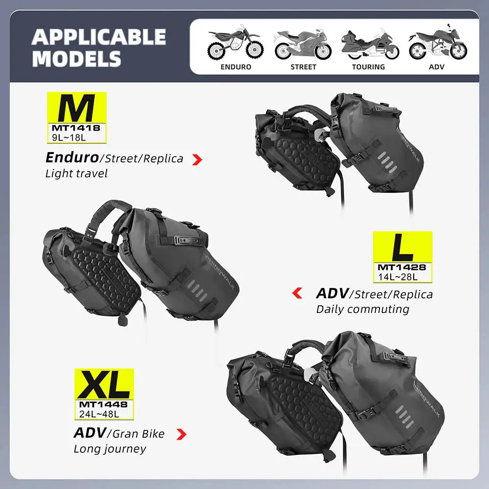 Rhinowalk Motorcycle Saddlebag Waterproof For Most Without Side Racks Off-road Sport Bike Fit BMW Honda Kawasaki Yamaha Benelli
