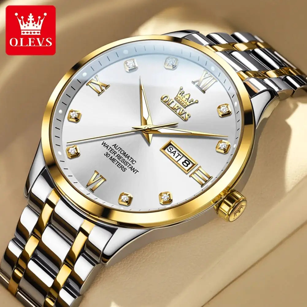 OLEVS9946 Mens Watch Original Automatic Mechanical Watch For Man Waterproof Luminous Stainless Steel Reloj Dual Calendar Display