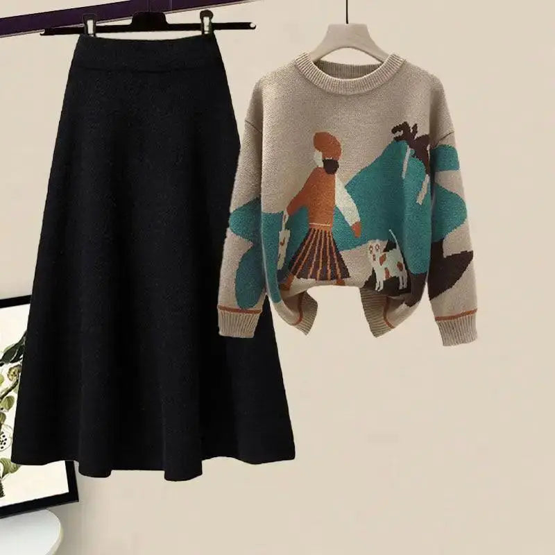 Winter Cartoon Print Knit Sweater And Skirt Set Chic Party