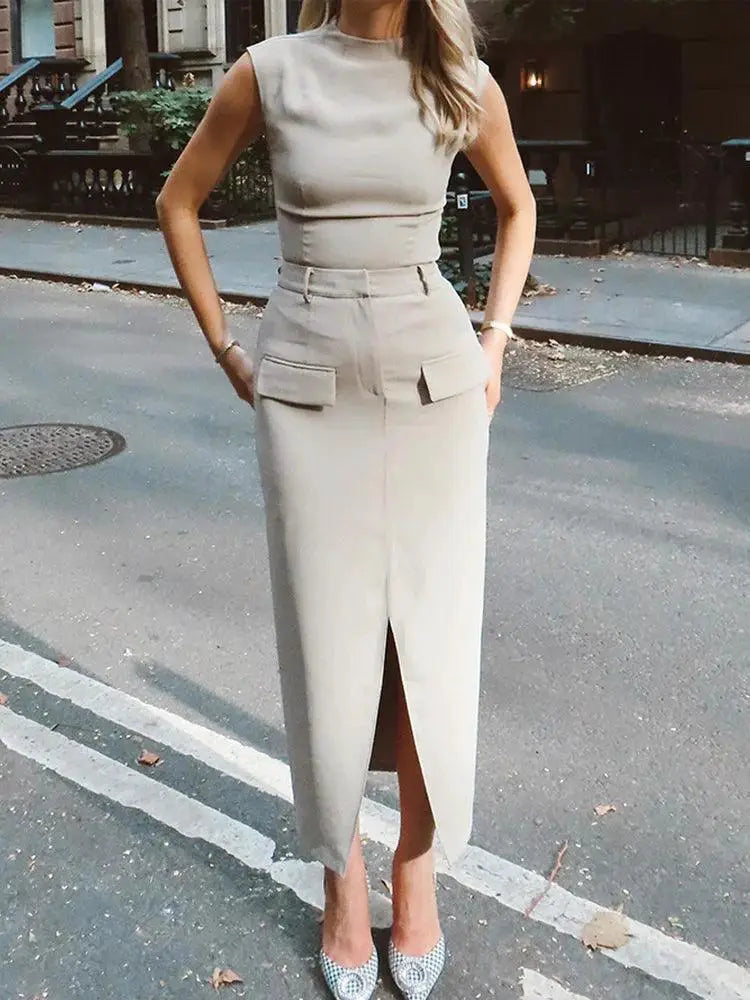 Elegant Chic Womens Sleeveless Top And Skirt Set Two Piece