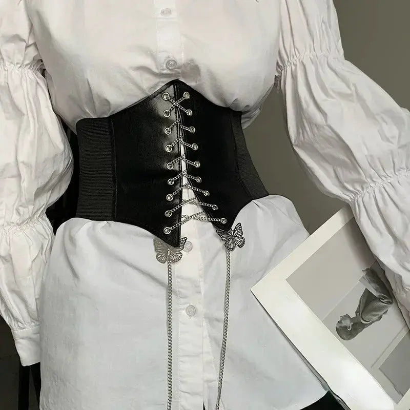Butterfly Chain Corset Wide Belts PU Leather Slimming Girdle