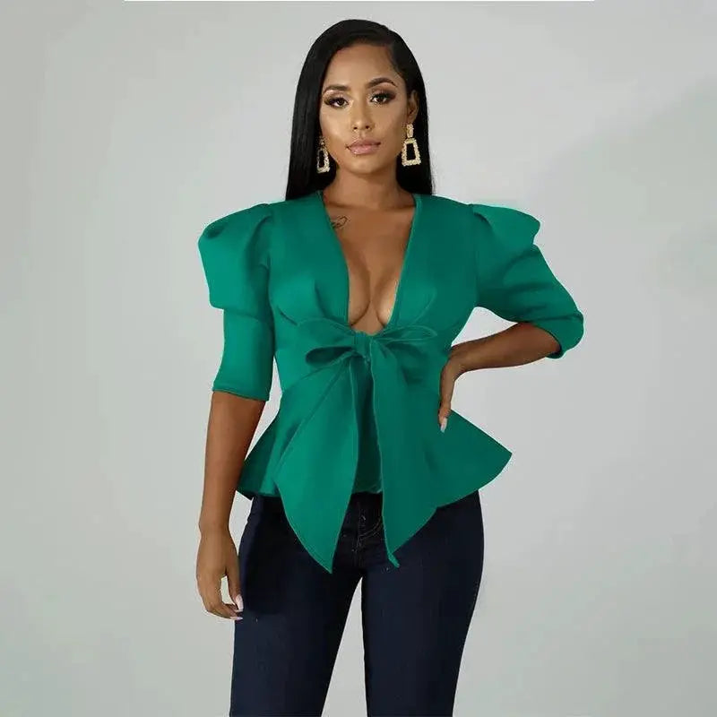 Peplum Chic Deep V Neck Womens Evening Blouse Night
