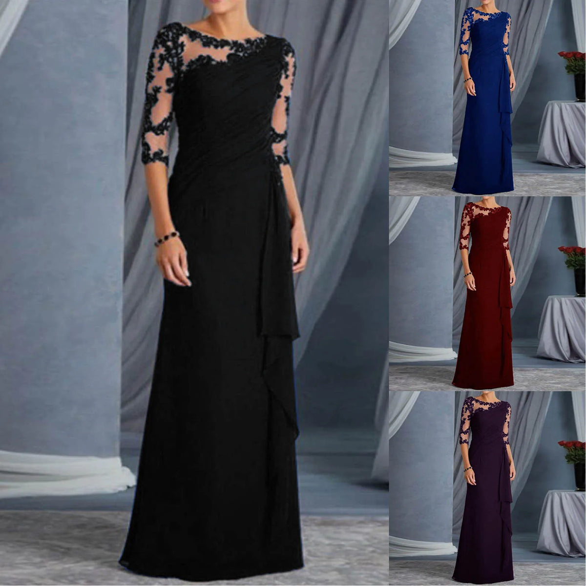 Sheer Lace Round Neck Gown