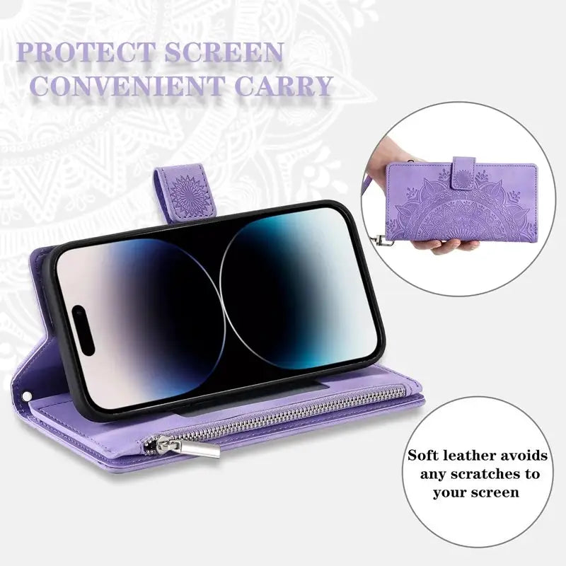 Luxury Zipper Wallet Case for iPhone 17 18 16 Pro Max 16E 15 13 12 11 Pro Plus XR XS Max 7 8 SE Embossed Leather Card Phone Bag