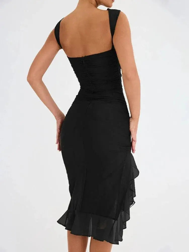 Elegant Backless Ruffled Midi Dress Chic Irregular Hemline