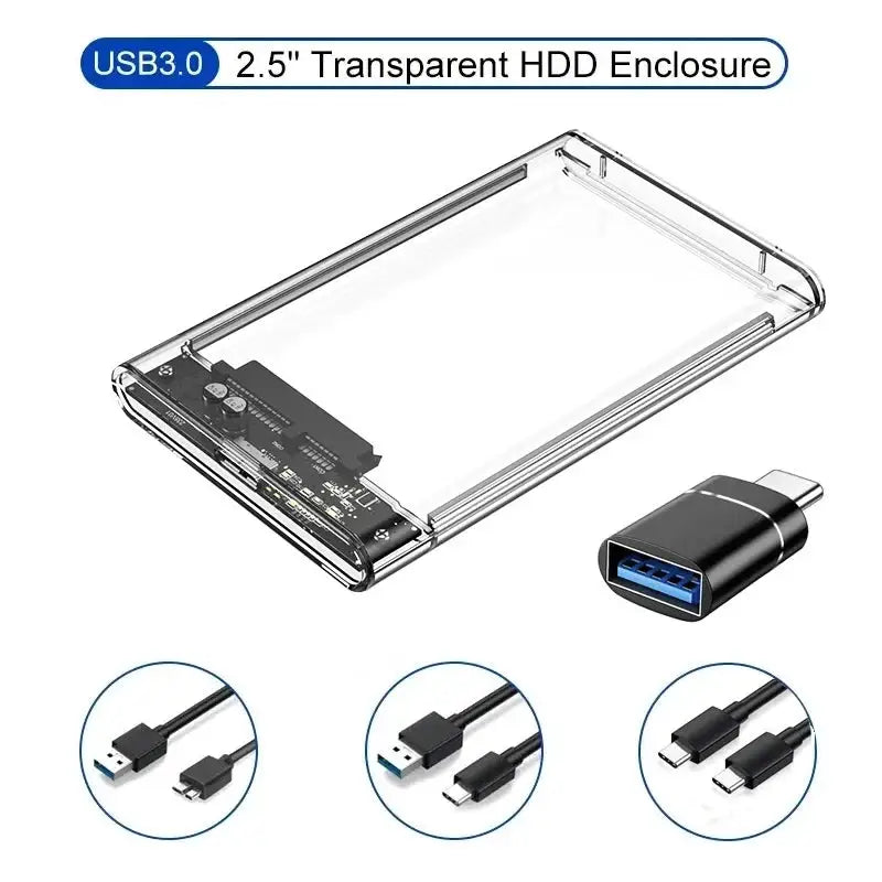Transparent 2.5 Inch HDD SSD Enclosure SATA to USB3.0 Type-C 3.1 Portable External Hard Drive Case Tool-Free
