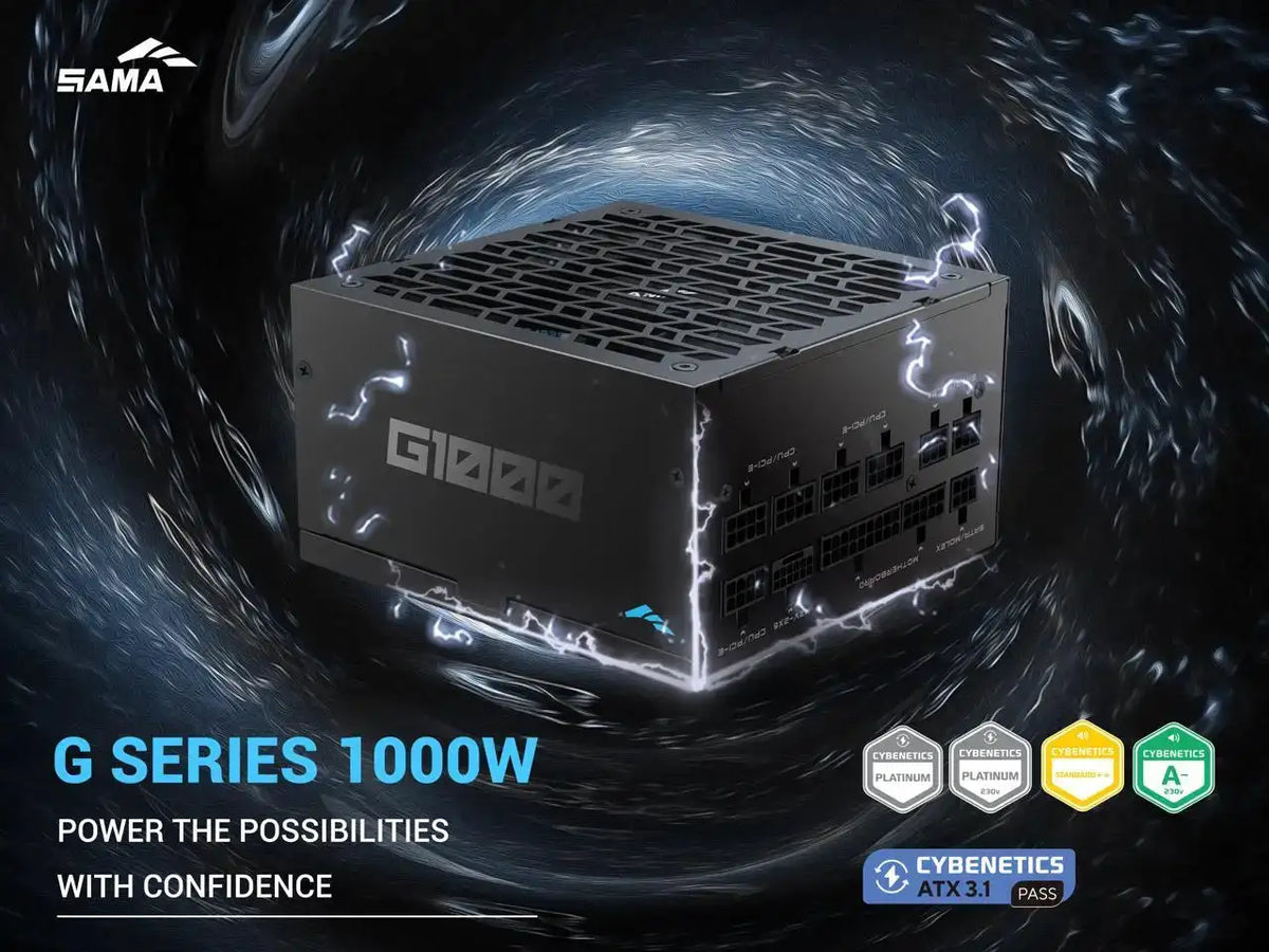 SAMA G1000W ATX 3.1 Power Supply, 1000W, Cybenetics Gold Standards, PCIe 5.1 Ready, Full Modular, Japanese Capacitors, FDB Fan, Black Version