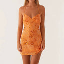 Hirigin Sequin Beaded Cami Mini Dress Criss Cross Straps V Neck Backless