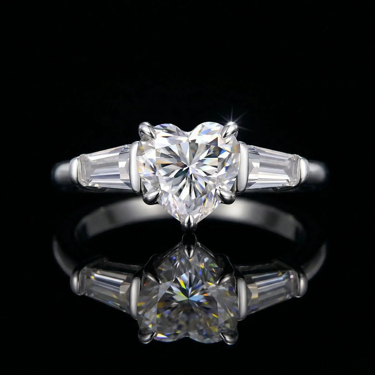 Heart Moissanite Ring in Sterling Silver Baguette — product view 1