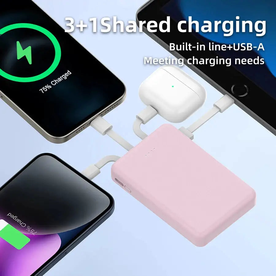 Mini 5000mAh Portable Power Bank With Built-in LED Digital Display, 1 USB-A Port and 3 Integrated Charging Cords, Ultra Compact External Battery Pack, Support Multiple Devices Simultaneous Charging Compatible With Android Sm