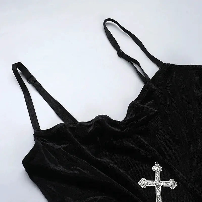 Punk Grunge High Split Hem Straps Dess 90s Streetwear Gown Women Sexy Corn Bandage Velvet Dresses Mall Gothic Clothing