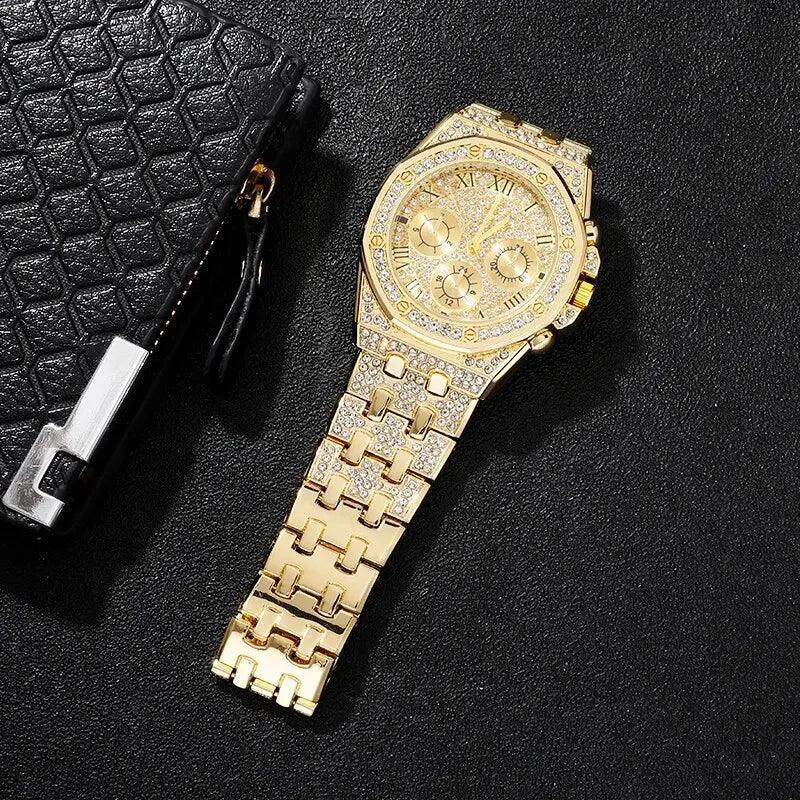 Golden Diamond Dial Mens Watch Quartz Timepiece Elegant