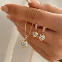3 Piece Double Heart Jewelry Set For Women Necklace Earrings Rhinestone Gift