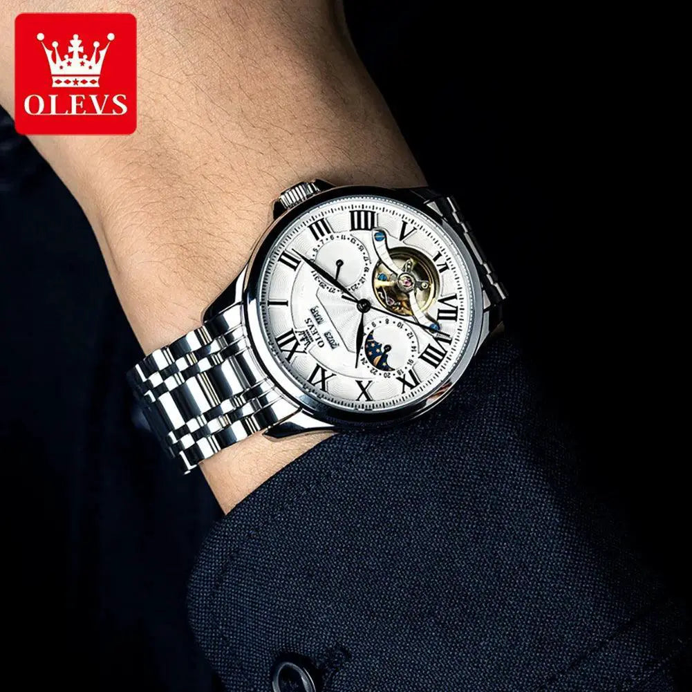OLEVS Moon Phase Luxury Automatic Watch Roman Dial Steel