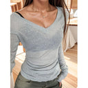 Gray V-neck Sexy Knitting Niche Style Micro Transparent Shirt