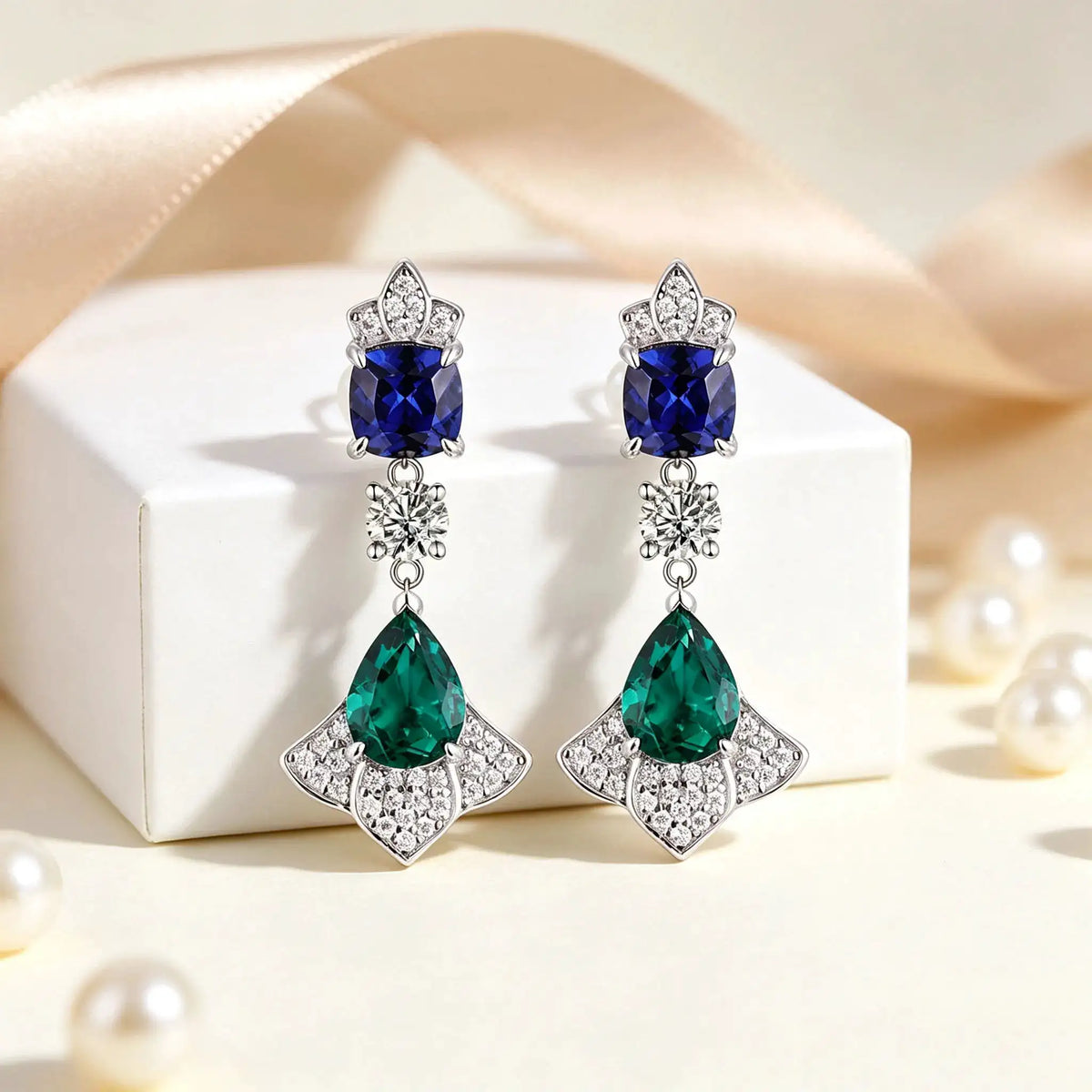 Sapphire Emerald Cluster Drop Earrings — product image 1
