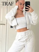 TRAF 2024 Spring Female Casual Hoodies Zipper Coats Set