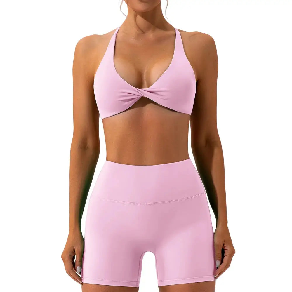 Women's 2 Piece Yoga Gym Sports Set Cross Back Bra Top & High Waist Shorts Fitness Running Workout Tracksuit