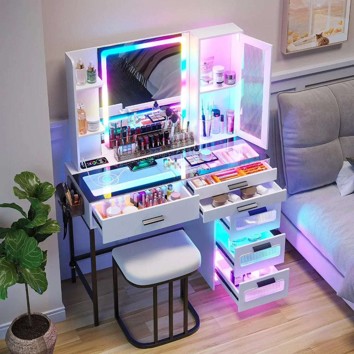 Glass Corner Vanity Makeup Desk