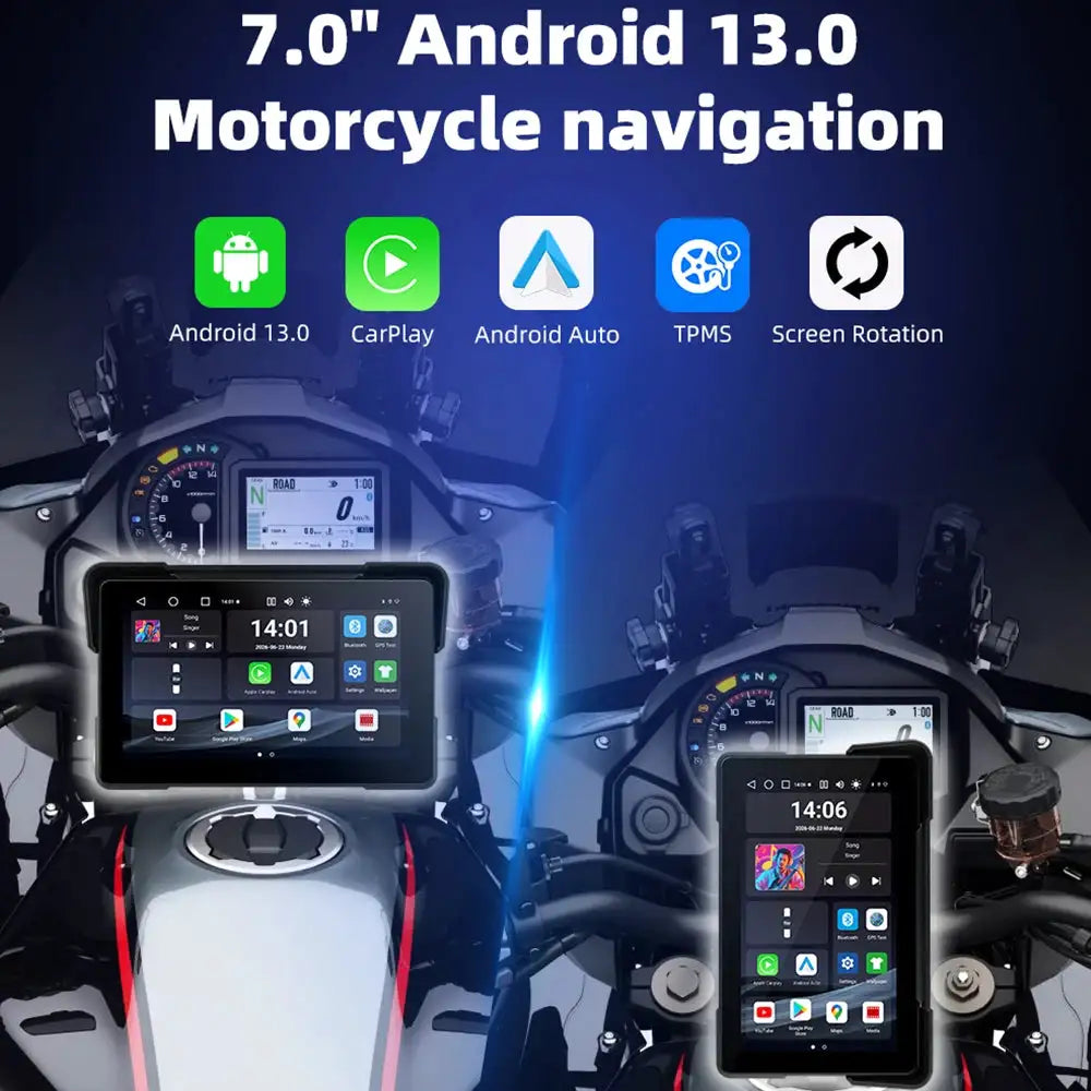 EKIY 7.0" Android 13.0 Wireless CarPlay Moto Android Auto Portable Digital Dashboard GPS Motorcycle Navigation Display Screen
