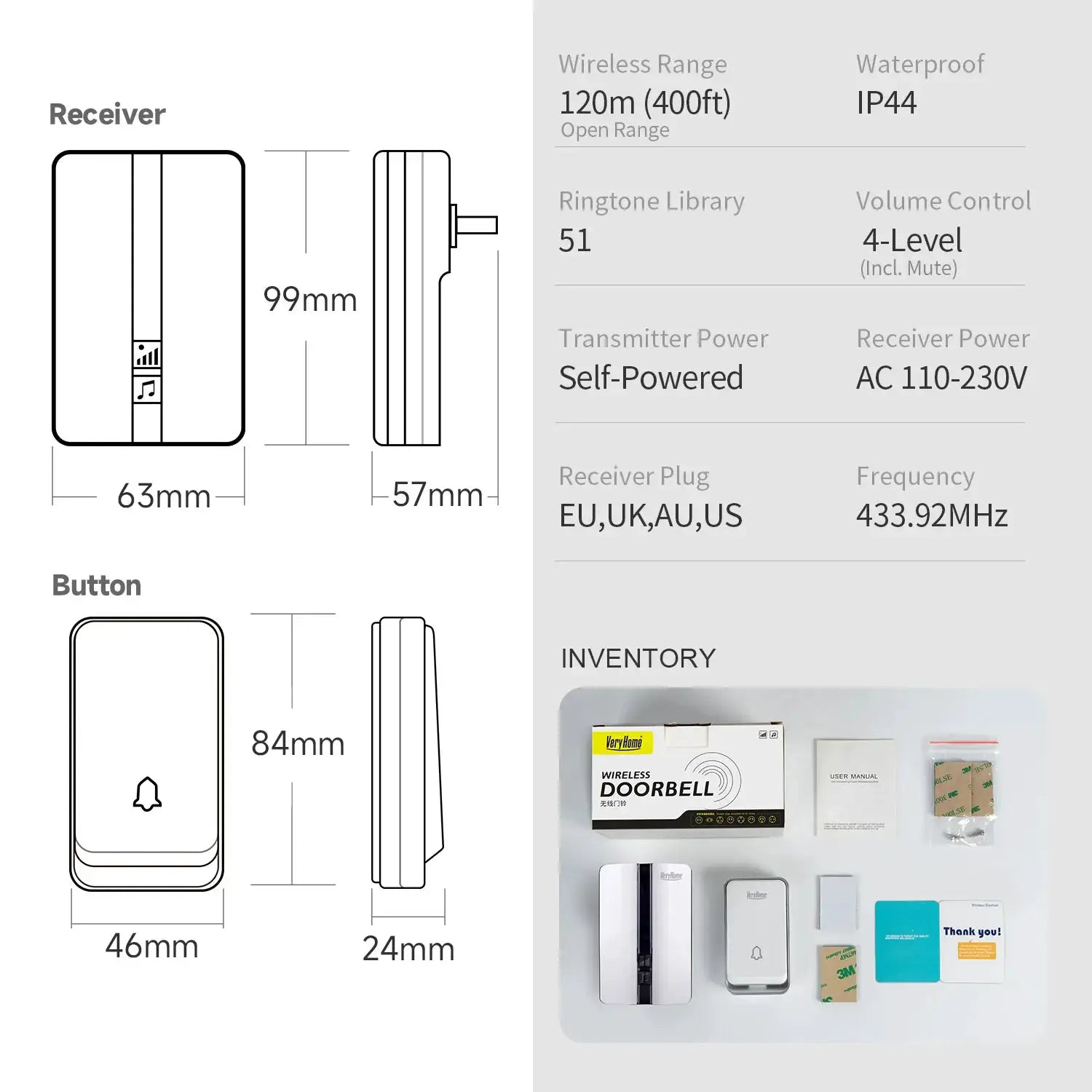 VeryHome Wireless Doorbell Waterproof Self-powered Button Smart Door Bell Sets Home Welcome Outdoor House Chimes Receiver
