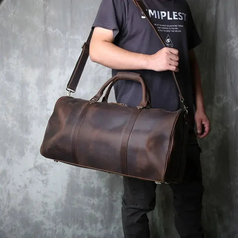 Vintage Leather Cross Style Mens Hand Luggage Duffel Bag