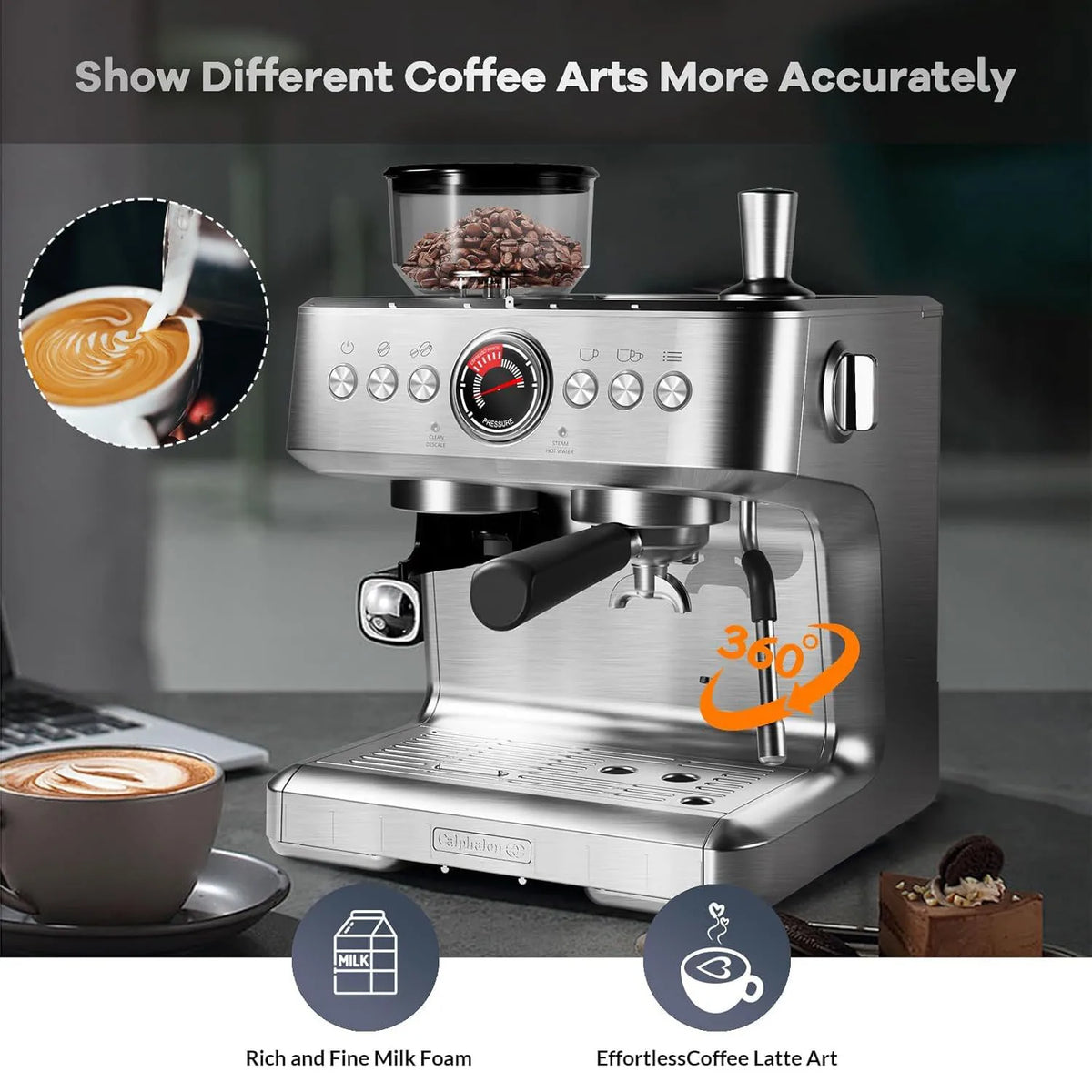 Espresso Coffee Machine, Built-in Coffee Grinder, Grind — product view 3