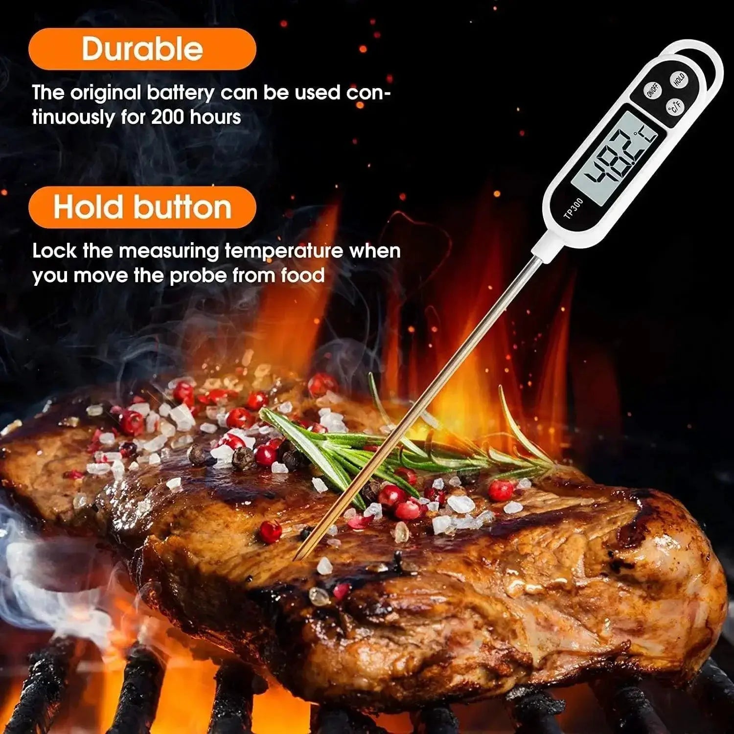 Meat Thermometer Quick Read Long Probe Auto Off LCD Kitchen
