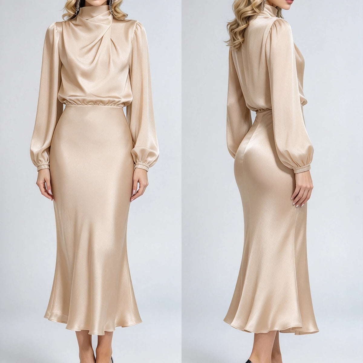 Satin Draped Lantern Sleeve Dress
