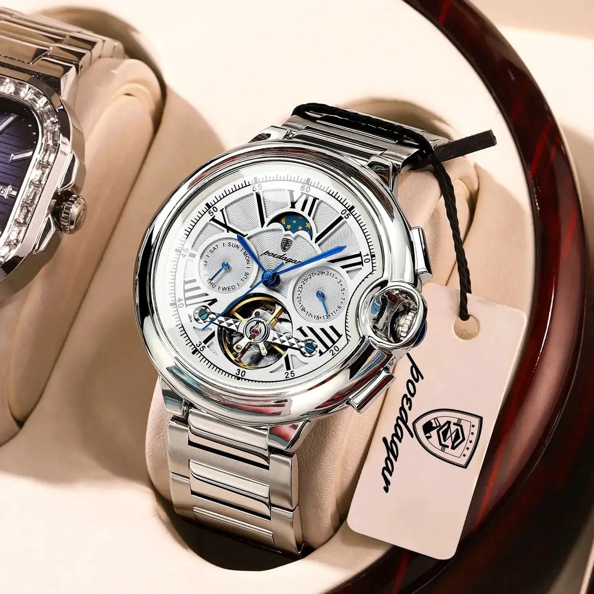 POEDAGAR Top Fashion Man Wristwatch Tourbillon Date Week Stainless Steel Men Watch Waterproof Automatic Mechanical Men's Watches