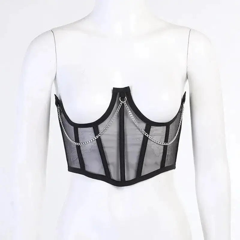 Punk Metal Chain Bustier Corset With Lace Edgy Waist Cinch