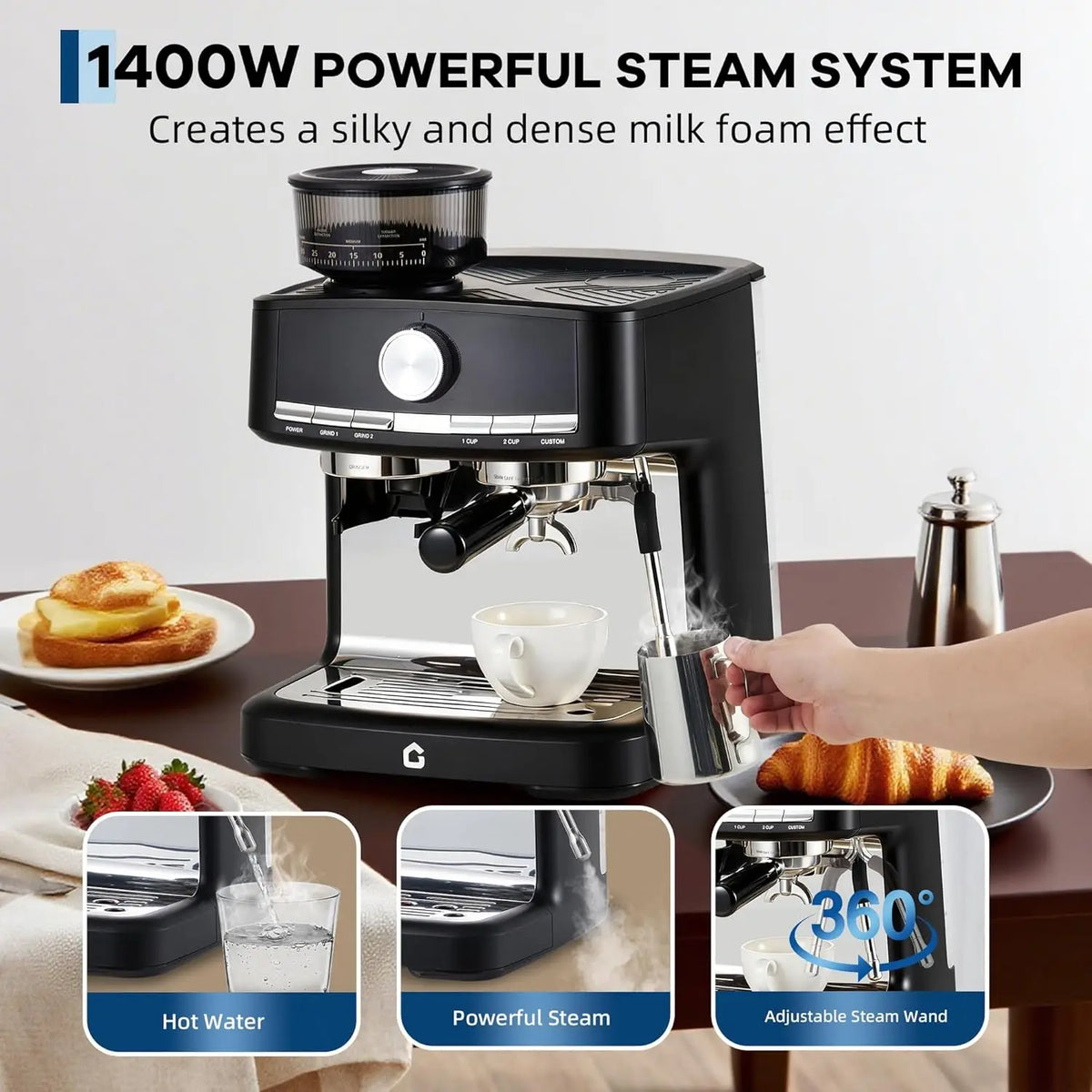 Stainless Steel Espresso Machine with Grinder – , Metal — product view 6