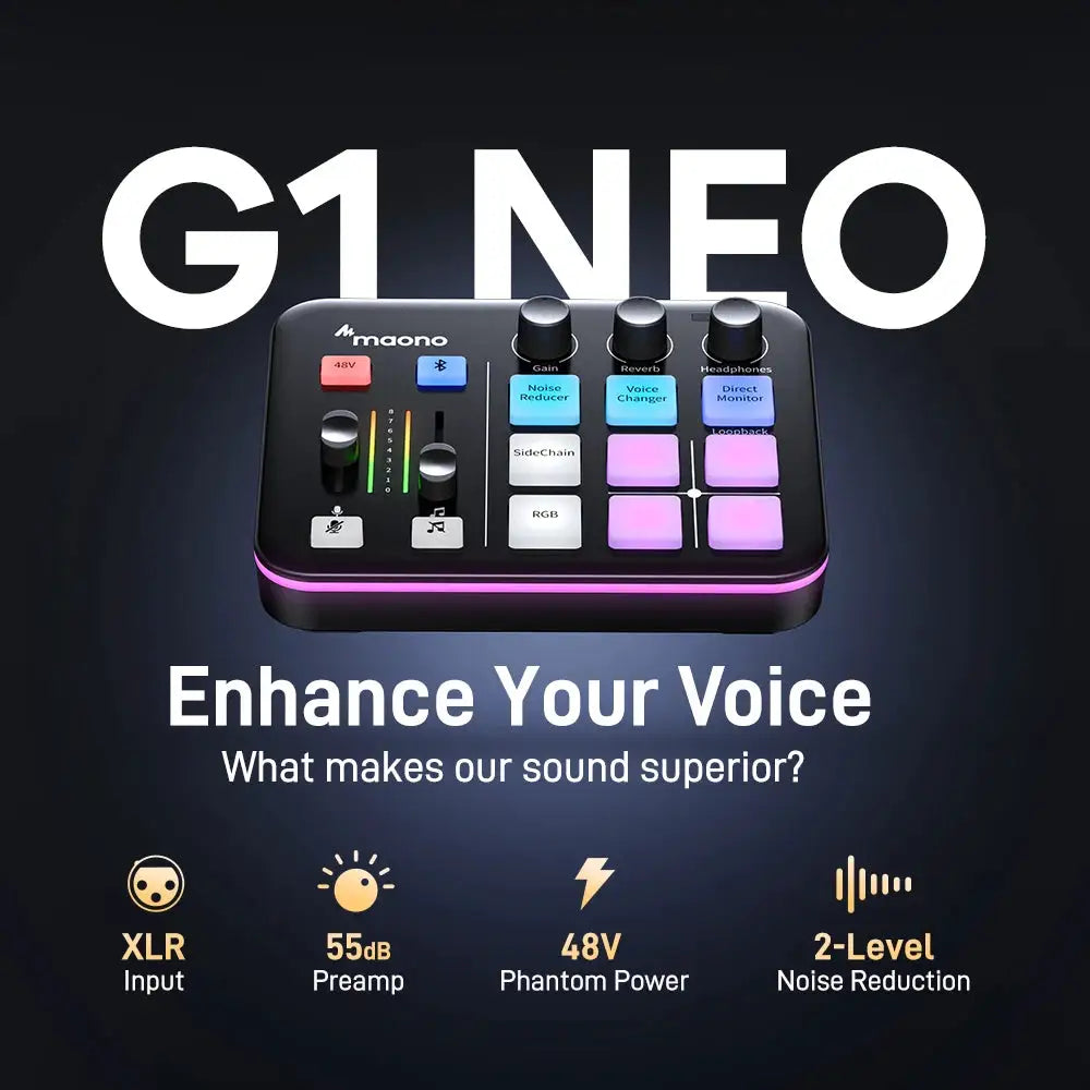 MAONO G1 NEO Gaming Audio Mixer Audio Interface with Pro-preamp, RGB, Bluetooth, 48V Phantom Power for Live Streaming, Podcasting, Content Create, Gaming MaonoCaster G1 NEO Audio Interface (Not for USB Microphone)