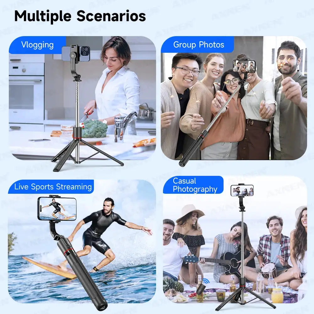 F15 Selfie Stick Tripod with Bluetooth Remote, 6-Section Extendable Pole, 360° Rotation, Fill Light Option, for Phone Vlog