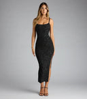 Black Sequin Strappy Midi Dress