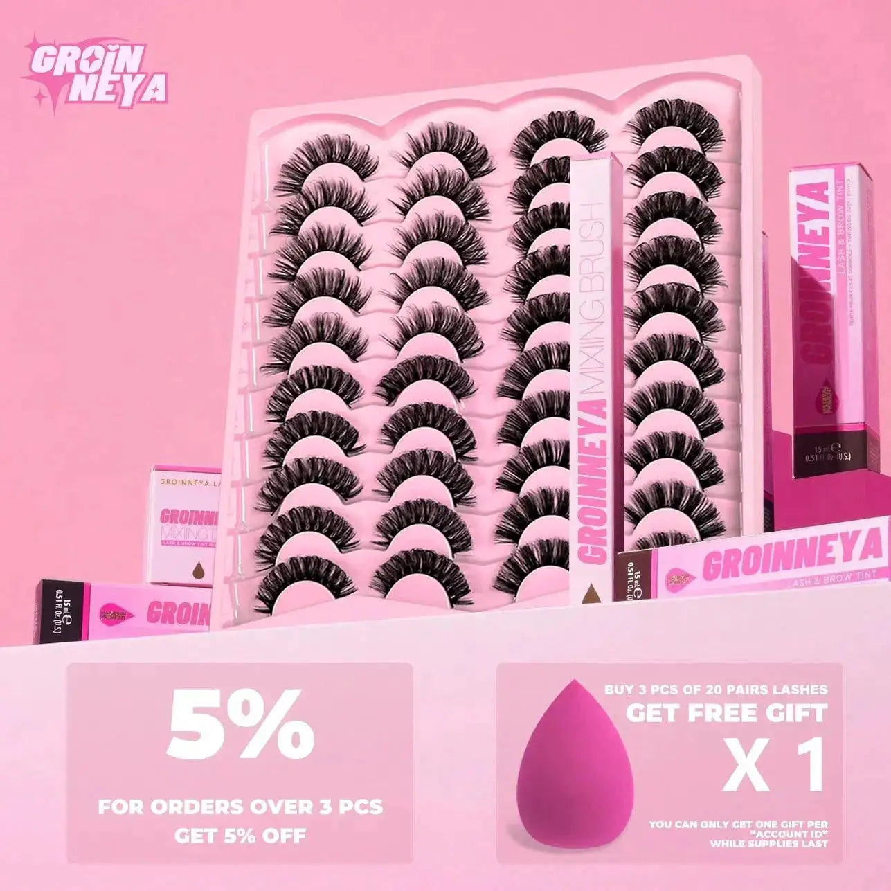 GROINNEYA Vegan 3D Mink Strip Lashes For Natural Look