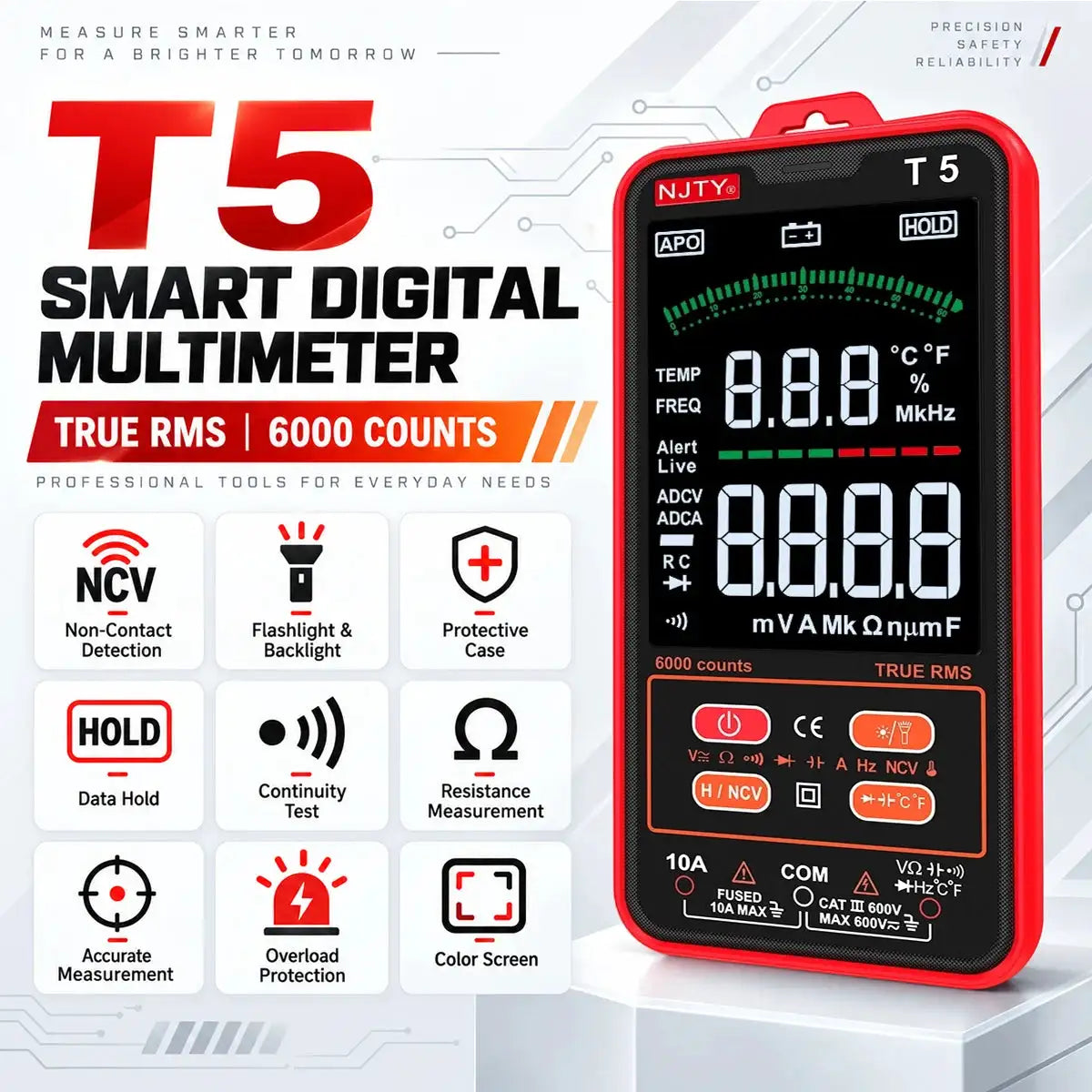 T5 Smart Digital Multimeter 6000 Counts True RMS Auto Range AC DC Voltage Current NCV Resistance Large Screen Electrical Tester