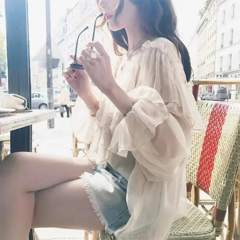Allure Redefined Sheer Mesh Blouse With Flare Sleeves