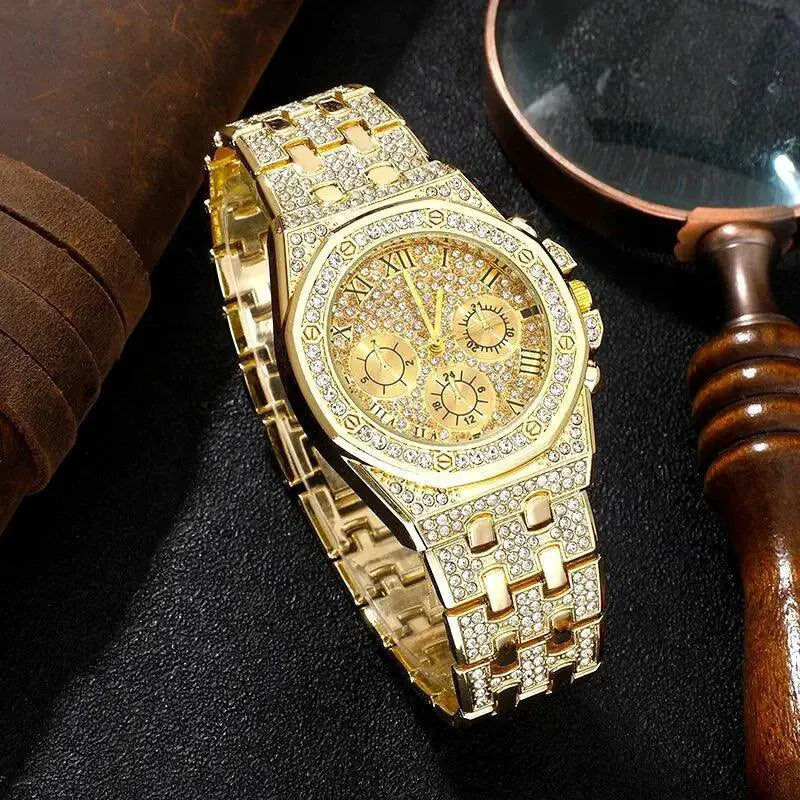 Golden Diamond Dial Mens Watch Quartz Timepiece Elegant