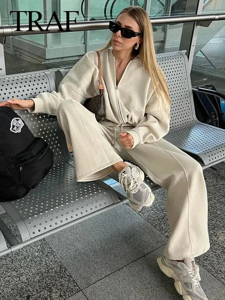 Women's Thick Hoodie Coat And Pants Set For Autumn