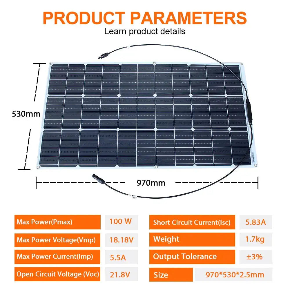 100W Flexible Solar Panel Kit 18V Monocrystalline Solar Battery Charger Thin & Light Waterproof Bendable for Off‑Grid Camping