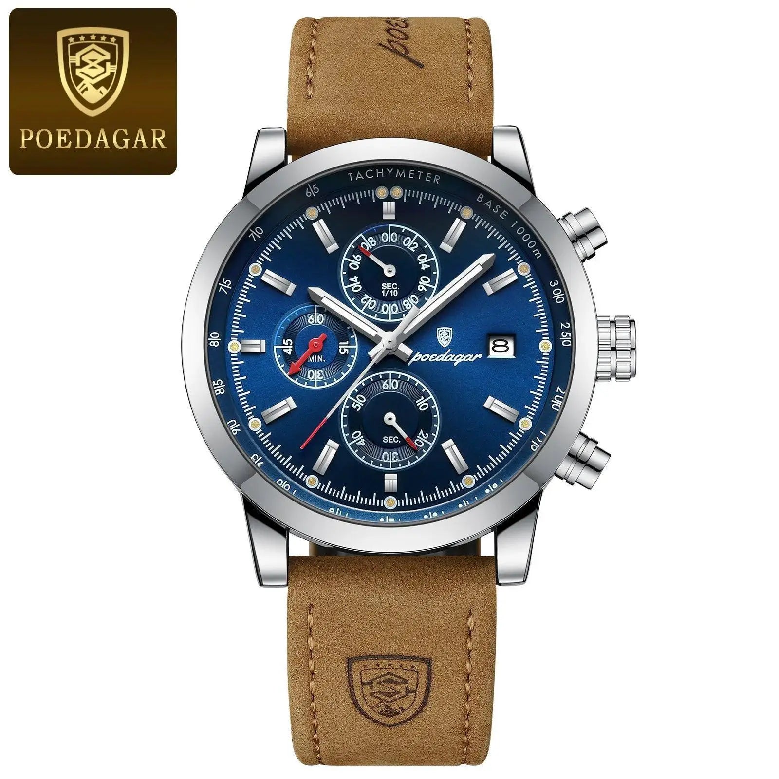 Poedagar Chronograph Watch Men's Waterproof Leather Strap