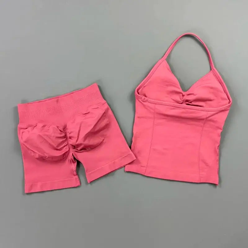 Women Sports Shorts Set Seamless Gym Longline Strappy Top and Tummy Control Short Leggings Suit Yoga Workout Activewear Set